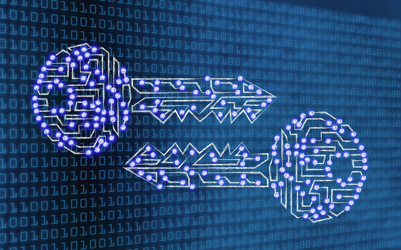 encryption and cryptography conceptual illustration: digital keys with led lights on binary code background